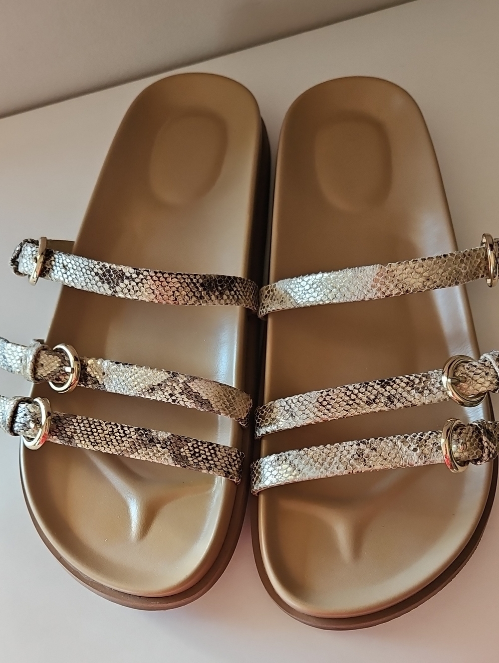 J.Crew Factory 3 Strap Gold Snake Slide Sandals Sz 7